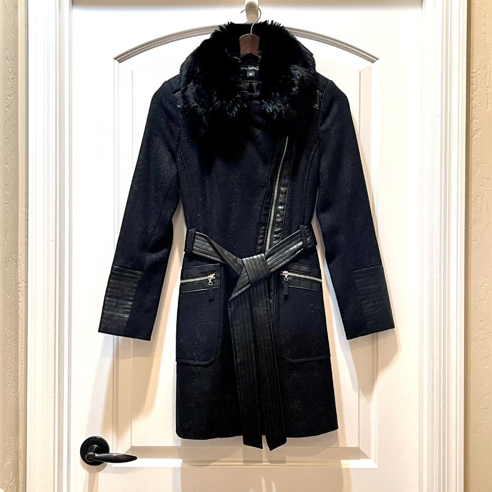 New Via Spiga Coat Petite 4P Black Tweed Fur Collar Leather Asymmetric Zip Wool - Picture 2 of 10